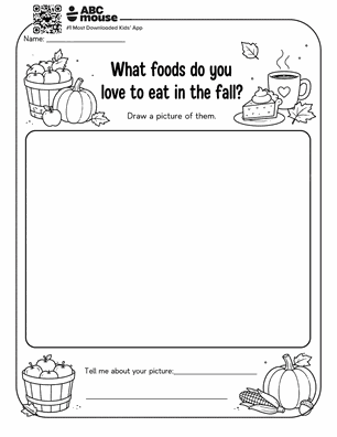 Worksheet page titled 'What foods do you love to eat in the fall?' with pumpkins, pie, and a mug framing a large blank drawing area.