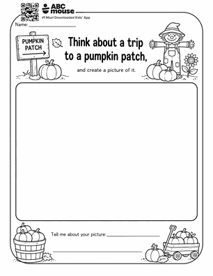 Worksheet prompting a pumpkin patch drawing with pumpkins, a scarecrow, and a large blank area to draw; includes a line reading 'Tell me about your picture'.