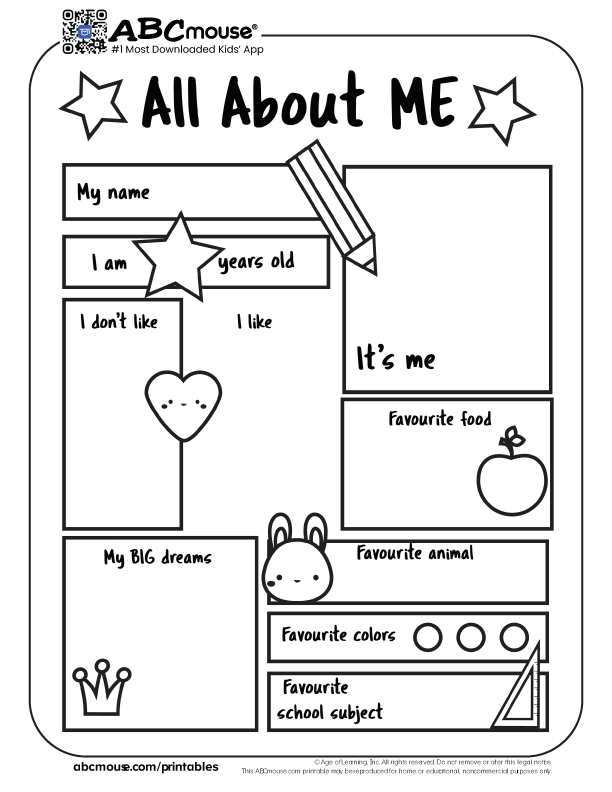 All About Me printable page for kids with labeled boxes: My name, I am ___ years old, I don’t like, I like, It’s me, Favourite food (apple), My BIG dreams, Favourite animal, Favourite colors (three circles), and Favourite school subject, plus decorative stars, crown, bunny, and a large self-portrait area.