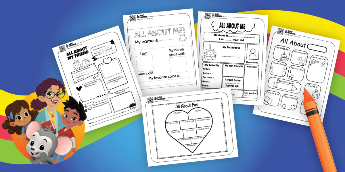 Collage of kid worksheets titled All About Me, set of printable templates on a blue background with a colorful border.
