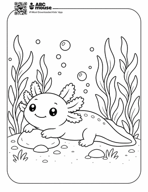 Axolotl among tall plants in a free printable axolotl coloring page from ABCmouse.com.