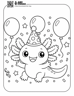 Birthday axolotl with party hat in a free printable axolotl coloring page from ABCmouse.com.
