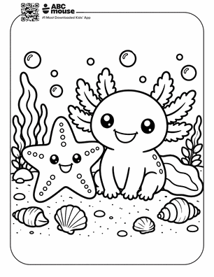 Axolotl with a giant starfish in a free printable axolotl coloring page from ABCmouse.com.