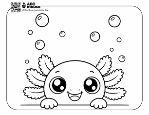 Cute axolotl playing peekaboo in a free printable axolotl coloring page from ABCmouse.com.