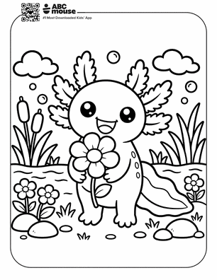 Axolotl holding a flower in a free printable axolotl coloring page from ABCmouse.com.