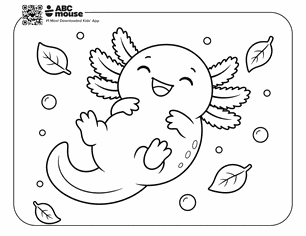 Axolotl floating with leaves in a free printable axolotl coloring page from ABCmouse.com.