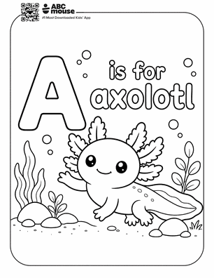 A is for axolotl in a free printable axolotl coloring page from ABCmouse.com.