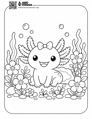 Axolotl wearing a bow in a field of flowers in a free printable axolotl coloring page from ABCmouse.com.