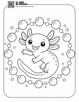Axolotl in a bubble ring in a free printable axolotl coloring page from ABCmouse.com.