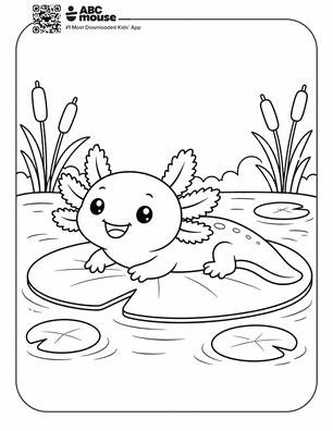 Axolotl on a lily pad in a free printable axolotl coloring page from ABCmouse.com.