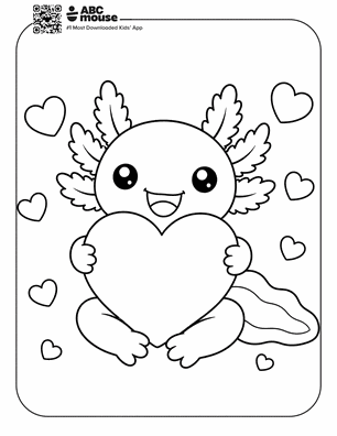 Axolotl hugging a heart in a free printable axolotl coloring page from ABCmouse.com.