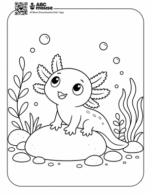 Axolotl resting on a stone in a free printable axolotl coloring page from ABCmouse.com.