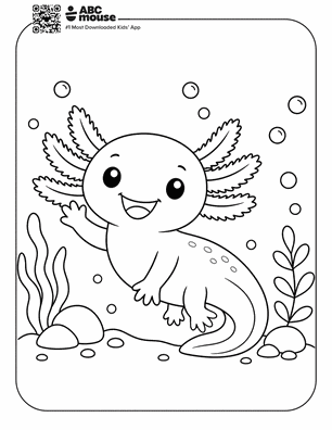 Cute swimming smiling axolotl in a free printable axolotl coloring page from ABCmouse.com.
