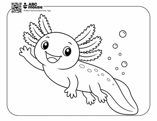 Baby axolotl waving in a free printable axolotl coloring page from ABCmouse.com.