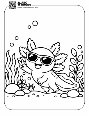 Axolotl wearing sunglasses in a free printable axolotl coloring page from ABCmouse.com.