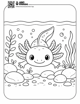 Axolotl swimming above river rocks in a free printable axolotl coloring page from ABCmouse.com.