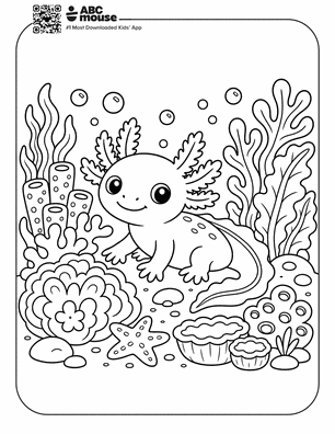 Axolotl among coral reefs in a free printable axolotl coloring page from ABCmouse.com.