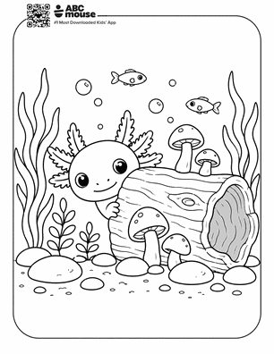 Axolotl exploring an underwater log in a free printable axolotl coloring page from ABCmouse.com.