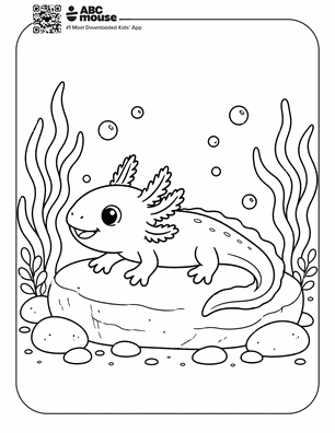 Axolotl resting on a rock in a free printable axolotl coloring page from ABCmouse.com.