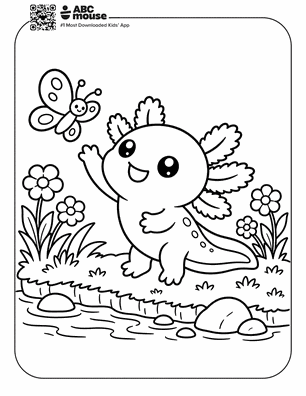 Axolotl waving to a butterfly in a free printable axolotl coloring page from ABCmouse.com.