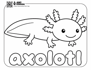 Axolotl with bubble letters in a free printable axolotl coloring page from ABCmouse.com.