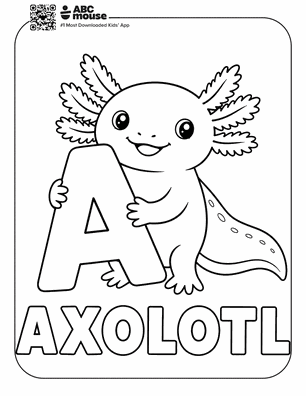Axolotl holding the letter A in a free printable axolotl coloring page from ABCmouse.com.