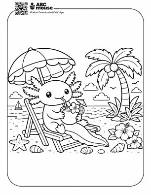 Axolotl at the beach in a free printable axolotl coloring page from ABCmouse.com.