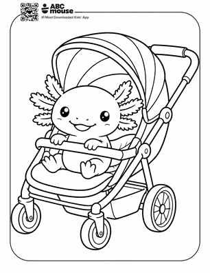 Baby axolotl in a stroller in a free printable axolotl coloring page from ABCmouse.com.