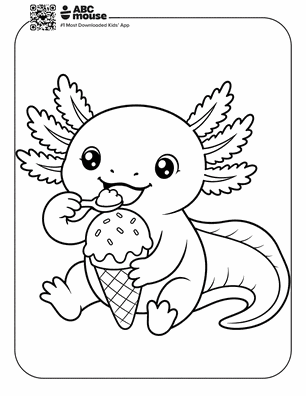 Axolotl eating ice cream in a free printable axolotl coloring page from ABCmouse.com.