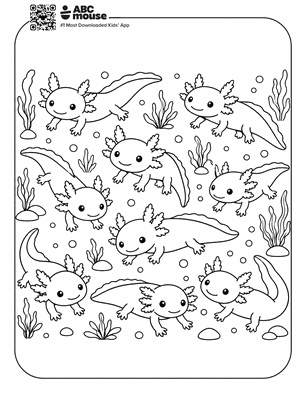Swimming axolotl family in a free printable axolotl coloring page from ABCmouse.com.