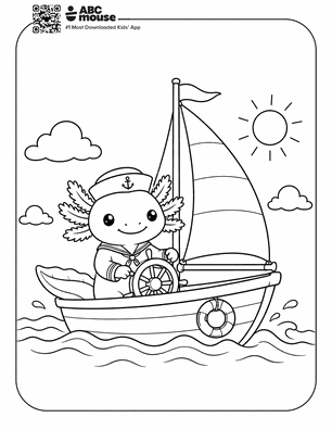 Axolotl sailing in the ocean in a free printable axolotl coloring page from ABCmouse.com.