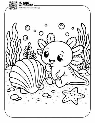 Axolotl finding a giant seashell in a free printable axolotl coloring page from ABCmouse.com.