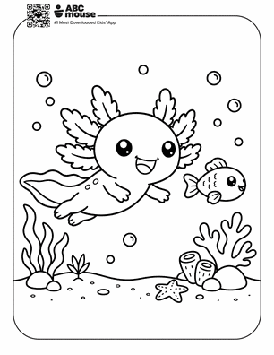 Axolotl swimming with fish in a free printable axolotl coloring page from ABCmouse.com.