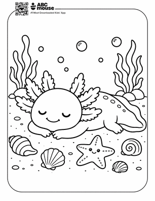 Sleeping axolotl on the ocean floor in a free printable axolotl coloring page from ABCmouse.com.
