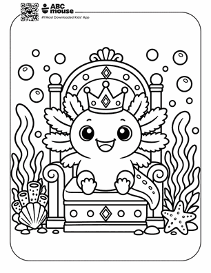 Royal axolotl on a throne in a free printable axolotl coloring page from ABCmouse.com.