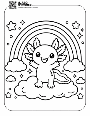Axolotl beneath rainbow clouds in a free printable axolotl coloring page from ABCmouse.com.