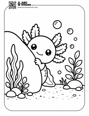 Peekaboo axolotl underwater in a free printable axolotl coloring page from ABCmouse.com.