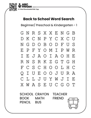 Word search puzzle page titled 'Back to School Word Search' for beginners; 14x? letter grid with letter rows, word list includes SCHOOL, CRAYON, TEACHER, BOOK, PENCIL, MATH, BUS, FRIEND; small school bus icon in bottom right.
