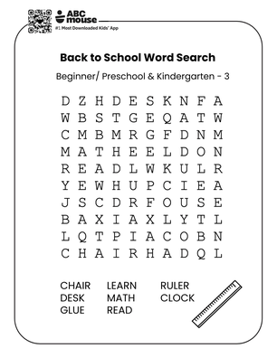 Free printable beginner back to school word search for preschoolers and kindergarteners on ABCmouse.com
