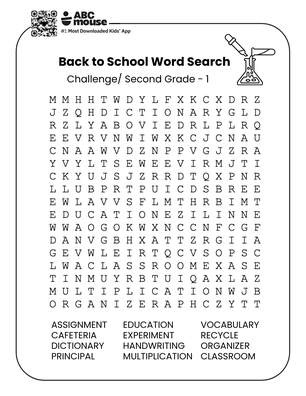 Back to School Word Search page for second grade, showing a letter grid and a list of words like ASSIGNMENT, EDUCATION, CLASSROOM.