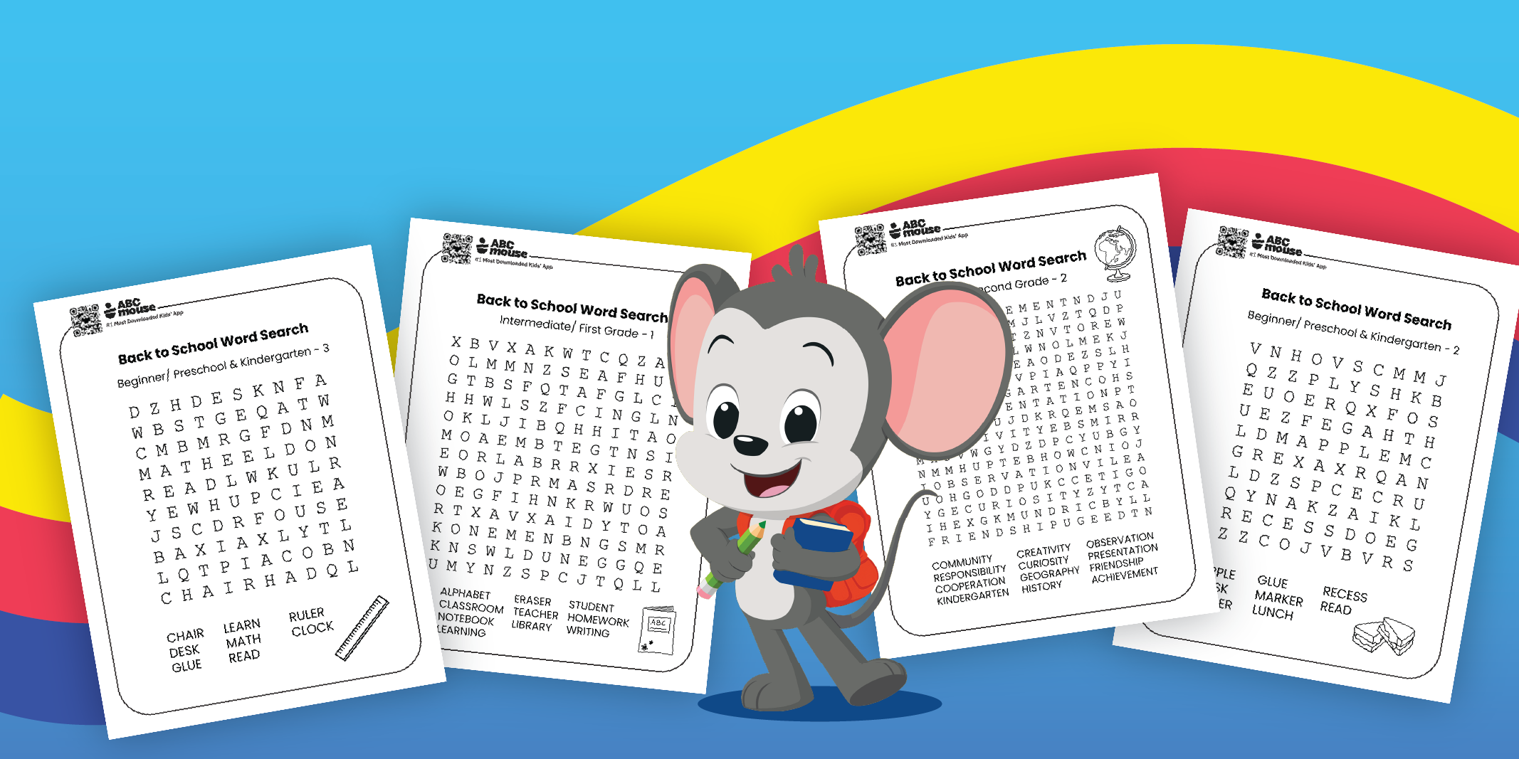 Cartoon mouse student holding a pencil and books, standing in front of Back to School Word Search worksheets with a colorful backdrop of curved yellow, red, and blue shapes.