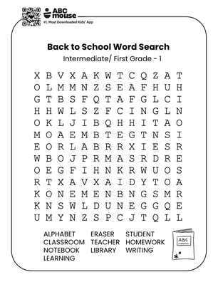 Free printable intermediate back to school word search for first graders on ABCmouse.com