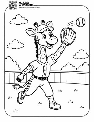 Cartoon giraffe in a baseball uniform reaching to catch a ball with a glove on a grassy field, fence and clouds in the background