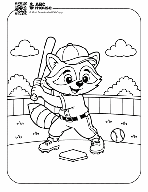 Cartoon raccoon in a baseball uniform holding a bat, poised to swing on a small baseball diamond with a glove/base nearby.