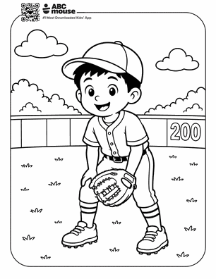 A smiling young boy in a baseball uniform and cap stands on a grassy field, glove in hand and ready to field, with a outfield wall showing the number '200' in the background.