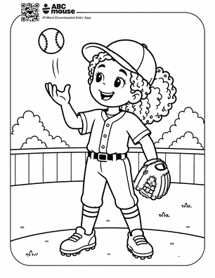 Smiling girl in a baseball uniform tosses a ball into the air, glove ready on her left hand, standing on a baseball field.