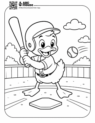 Cartoon turkey in a baseball uniform swings a bat at a pitched ball near home plate on a field with clouds in the sky.