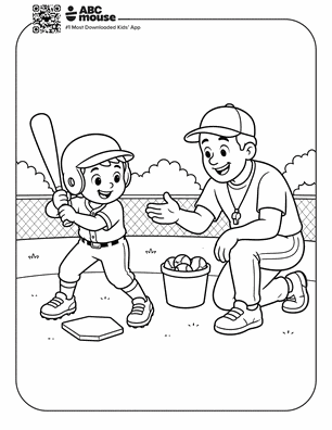 Child in a helmet takes a batting swing during practice as a coach kneels beside a bucket of baseballs on a fenced field.