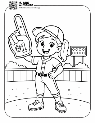 Smiling young baseball player on a field, raising a '#1' foam finger in victory.