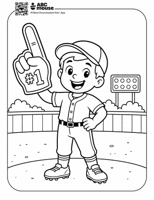 Young baseball player in a uniform on a field, proudly raising a foam finger with '#1', smiling with a scoreboard in the background.